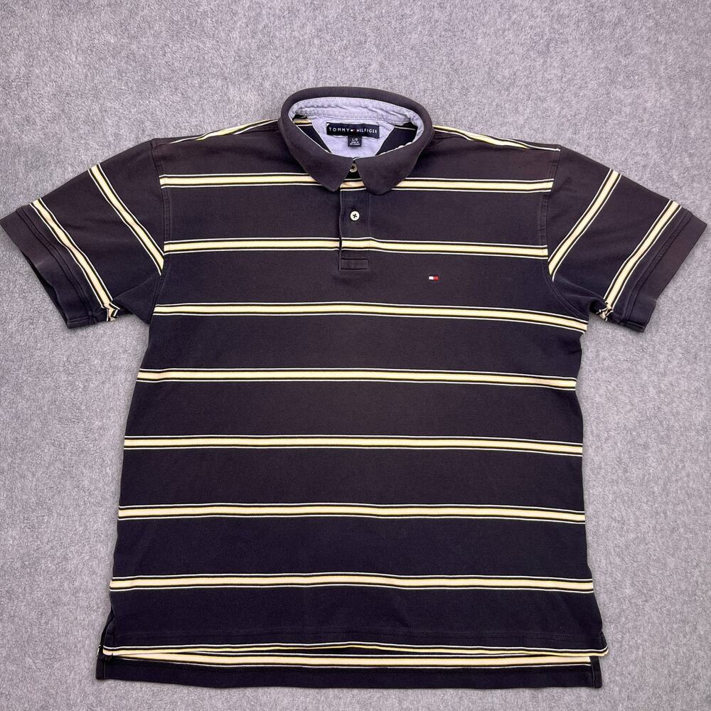 tommy hilfiger polo shirt black yellow‎ striped short sleeve mens large
